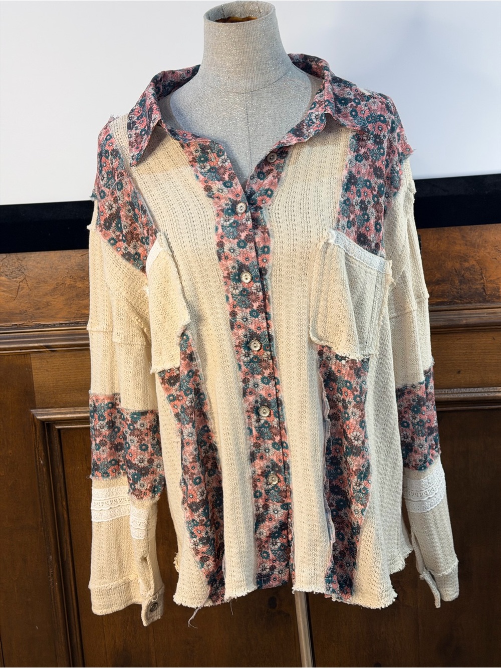 NWOT SIZE L POL Cream Knit Button-Down Shirt with Pink Floral Panels